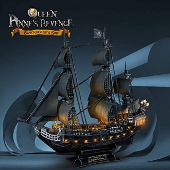 CubicFun Puzzle 3D Collezione Queen Anne\'s Revenge Grande Modello di Nave Pirati Perla Nera con LED Puzzle 3D Adulti 340 Pezzi