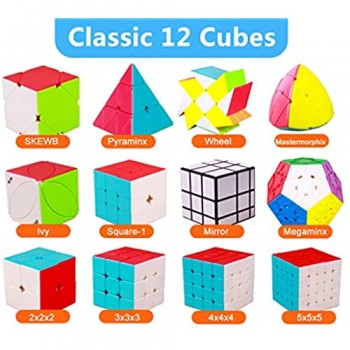 HJXDtech Confezione da 12 Speed Cube Set con Borsa per Cubi Tipi di Cubi da Competizione Professionale Mondiale 2x2 3x3 4x4 5x5 Pyraminx Megaminx Skewb SQ1 Puzzle Giocattoli (Stickerless)