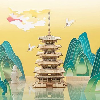 ROBOTIME Fai da te Pagoda 3D Puzzle a cinque piani Kit di artigianato in legno Costruzione di modelli meccanici Kit di puzzle creativi Miglior regalo per adolescenti e adulti da costruire