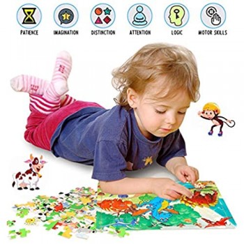 Bambini Puzzle di Legno con Tatuaggi Temporanei di Animali 60 Pezzi di Puzzle in Legno con Animali Della Giungla Set per Bambini di 3-7 Anni Che Imparano Puzzle Educativi Giocattoli (3 Puzzle)