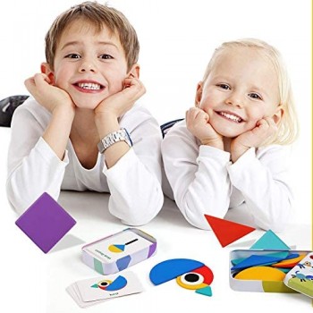 BelleStyle Blocchi di Legno Classico educativo Giocattoli Montessori Set di Tangrams per Bambini 36 Montessori Puzzle di Legno + 60 Carte di appigliamento Giochi