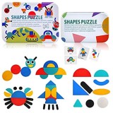 BelleStyle Blocchi di Legno Classico educativo Giocattoli Montessori Set di Tangrams per Bambini 36 Montessori Puzzle di Legno + 60 Carte di appigliamento Giochi