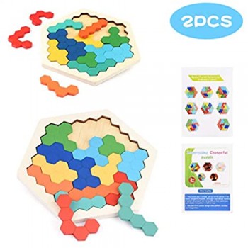 Herefun 2 Set Puzzle di Legno Esagonale Tangram per Bambini Giocattolo Educativo Puzzle Tangram Rompicapo Esagonale Puzzle Blocco Educativi Regalo Intelligenza Colorata per 3 4 5 Ragazzo Ragazza