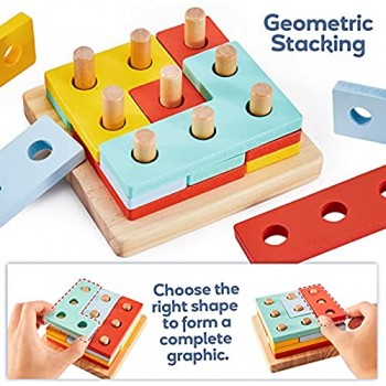 HYAKIDS 4 in 1 Geometrica Giocattoli di Ordinamento delle Forme in Legno Impilatore Tangram Giocattolo Puzzle Blocchi Educazione Regalo per Bambini 3 Anni