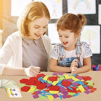 Jacootoys 130 Pezzi Blocchi Tangram Puzzle di Legno Forme Geometriche Giocattoli con 24 Schede di Progettazione per Bambini 3 Anni