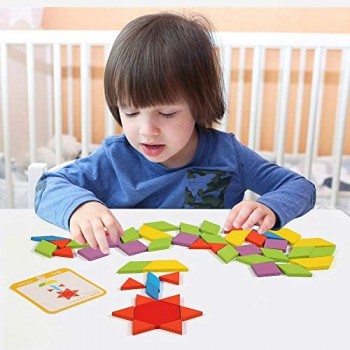 LEADSTAR Tangrams Puzzle di Legno Forme Geometriche per Bambini Giocattoli Set di Tangrams con 155 Pezzi di Forma Geometrica e 24 Schede di Progettazione