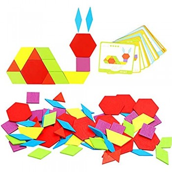 Lewo Blocchi di Legno Classico educativo Giocattoli Montessori Set di Tangram per Bambini con 130 Pezzi di Forma Geometrica e 24 schede di Progettazione