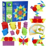 Lewo Blocchi di Legno Classico educativo Giocattoli Montessori Set di Tangram per Bambini con 130 Pezzi di Forma Geometrica e 24 schede di Progettazione