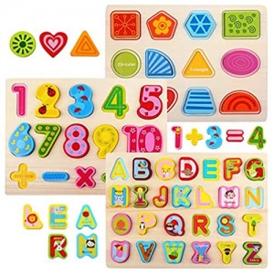 NEWSTYLE Blocchi Alfabeto in Legno Puzzle 3 Puzzle in Legno Puzzle Bordo Colore Numero Alfabeto Puzzle di Forme per Bambini Puzzle Giocattolo Educativo Gioco