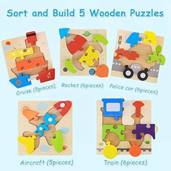 Puzzle in Legno Giocattoli Bambini per 2 3 4 5 Anni 5 Pezzi Puzzle di Veicoli Set Montessori Giochi Bambino Educativi Gioco Blocchi di Modello Regalo per Ragazza Ragazzo