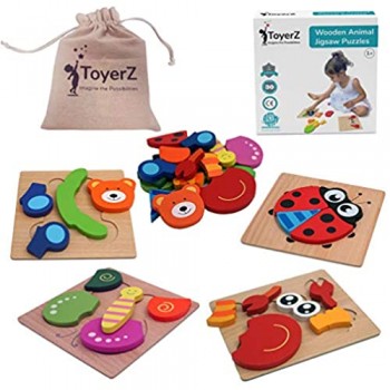 ToyerZ Giocattoli Animali Puzzle di Legno Educativo Giocattoli per 1 2 3 Anni di età Infantile Bambina Bimbo 4 figure animali in una confezione regalo eco friendly Multicolore