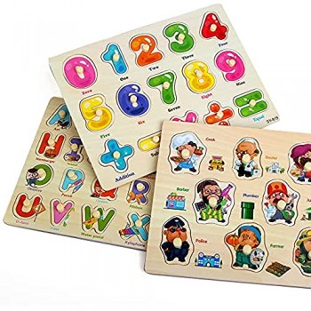 ZoneYan Puzzle in Legno Puzzle Legno Bambini 3 Tipi di Puzzle in Legno con Temi Diversi Puzzle di Legno di Alfabeto Numeri Puzzle in Legno Carriera Puzzle in Legno I Cognitivi Giochi Puzzle