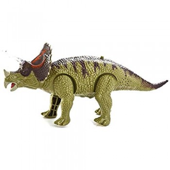 BAKAJI Dinosauro Triceratopo Giocattolo Bambini Camminante con Corna e Occhi Luminosi Effetti Sonori a Batteria 2 Colori Assortiti Dimensione 20 x 10 cm