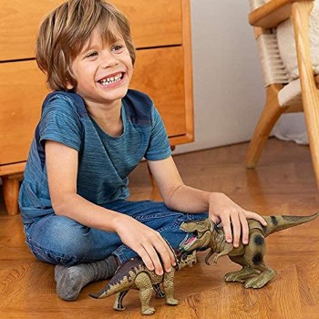BAKAJI Dinosauro Triceratopo Giocattolo Bambini Camminante con Corna e Occhi Luminosi Effetti Sonori a Batteria 2 Colori Assortiti Dimensione 20 x 10 cm