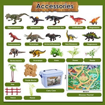 Buyger 58 Pezzi Dinosauro Giocattolo Bambini Tappetino da Gioco Blocchi di Puzzle Set di Figure Dinosauri Giocattoli per Bambini 3+ Anni
