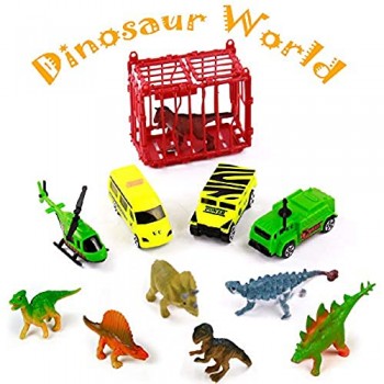 jerryvon Dinosauro Giocattolo Set Dinosauri Jurassic World Giocattoli Macchinine Giocattolo per Bambini con 7 Dinosauri e 3 Mini Camion Regalo per Ragazzo Ragazza 3 4 5 Anni