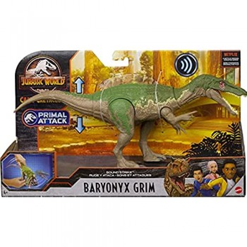 Jurassic World - Attacco Sonoro Dinosauro Baryonyx Grim Snodato con Azione Attacco e Morso Multicolore Giocattolo per Bambini 4+ Anni GVH65
