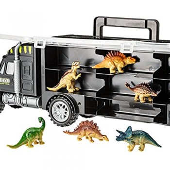 Prextex Trattore Trailer 40 cm Porta Dinosauri con 6 Mini Dinosauri in Plastica