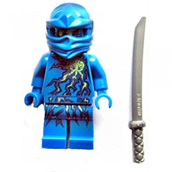 Statuetta personalizzata Ninja Jay NRG in componenti originali Lego Ninjago con spada argentata