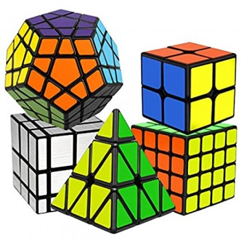 EASEHOME Cubo Magico Speed Puzzle Cube Set Megaminx + Pyraminx + Specchio + 2x2x2 + 4x4x4 5 Pack Magic Cubes con PVC Adesivo per Bambini e Adulti Nero